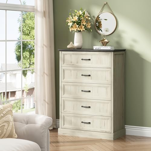 CARPETNAL Farmhouse 5 Drawer Dresser for Bedroom, 44" Tall White Dresser. - Image 3