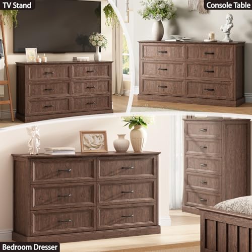 Farmhouse 6 Drawer Dresser for Bedroom, 55" Brown Dresser with TV Stand - Image 3