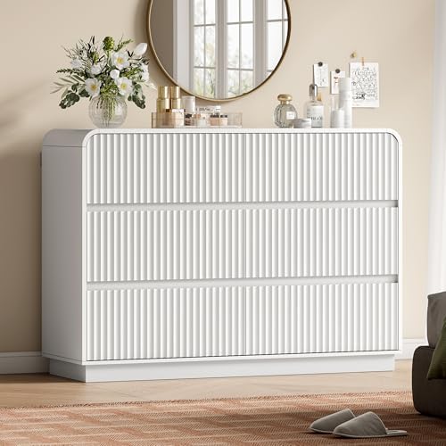 Wodeer White Dresser Fluted 6 Drawers Dresser for Bedroom, 47" Wide Wood Chest of Drawers with Hidden Handles & Rounded Corners, Modern TV Stand Storage Cabinet for Living Room, Hallway, Entryway by WODEER