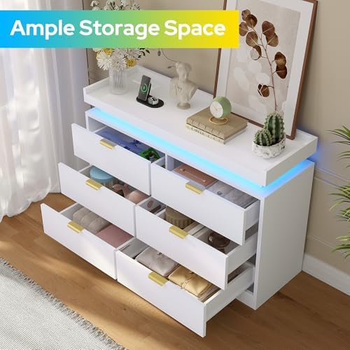 knoworld 6 Drawer Dresser for Bedroom, White Dresser with LED Lights and Power Outlet, Large Wooden Dressers Modern Chest of Drawers, Double Wide 6 Drawer Dressers for Bedroom, Entryway, Hallway - Image 3