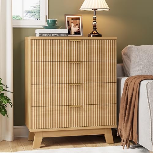 Xixini Fluted Nightstand with 4 Drawers, 31.5" Wide Side Table, Natural Oak - Image 3