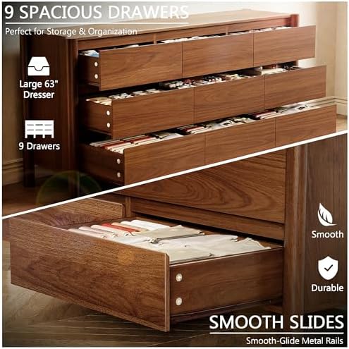 HOUROM Walnut Dresser for Bedroom,63"Wide 9 Drawer Mid Century Modern Chest - Image 5