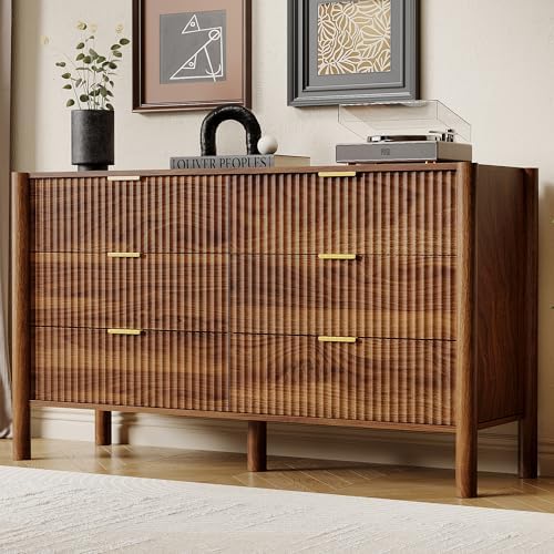 55in Walnut Fluted 6 Drawer Dresser for Bedroom,Mid Century Wood Chest by HOUROMDresserforBedroom