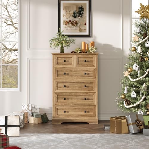Farmhouse 6 Drawers Dresser Chests for Bedroom, Natural Oak Wood Dressers - Image 3