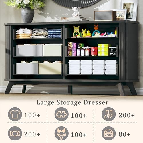 HUAHUU Fluted 6 Drawers Dresser for Bedroom, 55" Mid Century Modern & Chests of Drawers, Curved Profile Design, TV Stand, Wood Storage Dresser for Entryway, Hallway, Black - Image 5