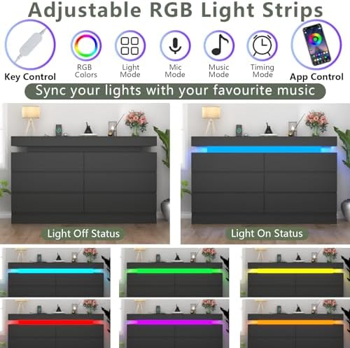 Gyfimoie 6 Drawer Dresser with Power Outlet, Dresser with LED Light - Image 4