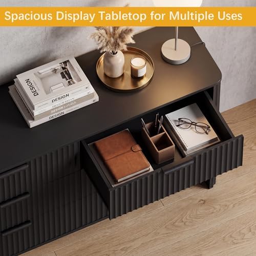 Wodeer 6 Drawer Black Dresser for Bedroom, 47"W Wood Storage Cabinet with Fluted Design, Modern Chest of Drawers & TV Stand for Living Room, Nursery Clothing Organizer with Metal Slides, Anti-Tipping - Image 4