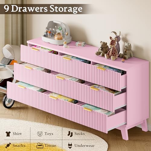 BORNOON Fluted 9 Drawer Dresser, 57.1" Wide Modern Boho Chest of Drawers, Wooden Storage Dresser TV Stand for Bedroom, Living Room, Closet, Hallway, Curved Profile Design - Image 5