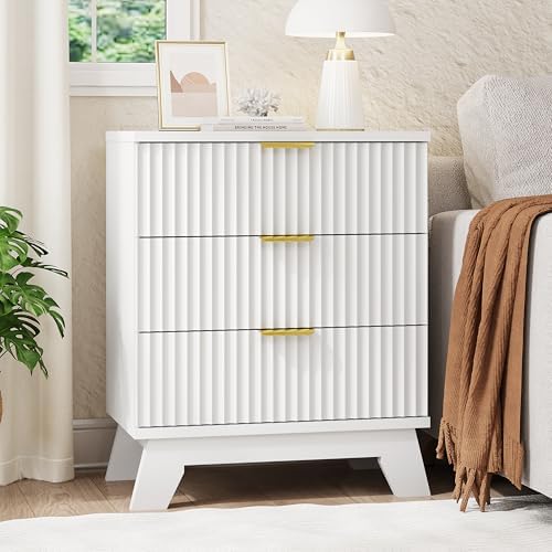 Xixini Fluted Nightstand with 3 Drawers, 24" Wide Side Table, White - Image 3