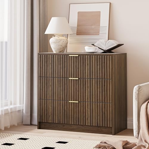 MAISONARIA Fluted Dresser for Bedroom, 32 Inch Wide Nightstand with Large Drawer, 3 Drawer End Table for Bedroom, Living Rooms, Offices, and Entryways, Walnut - Image 6