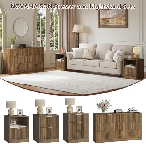 6 Drawer Dresser & 1-Drawer Nightstand Set 3-Piece, Walnut丨55 Wide Bedroom Set Night Stand Set of 2 with Metal Handle, Fluted Wood Chest of Drawers Storage Dressers Set for Bedroom - Image 4