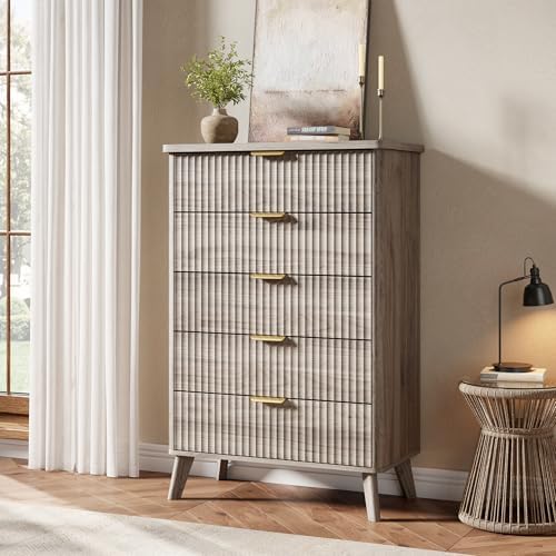 GarveeHome Fluted Dresser for Bedroom with 5 Deep Drawers, Grey by GarveeHome