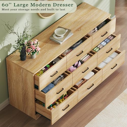HUAHUU 9 Drawer Dresser for Bedroom, 60'' Long Mid Century Modern Dressers TV Stand, Wood Vintage Chests of Drawers, Large Storage Organizer for Bedroom, Closet, Entryway, Natural Oak - Image 4