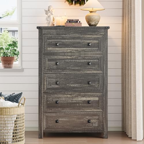 Xixini 45.5" Tall 5-Drawer Farmhouse Dresser for Bedroom, Dark Brown - Image 3