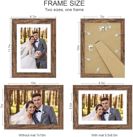 Hongkee 7x10 Picture Frame Set of 4, Made of Real Glass and Rustic Brown Frame - Display 5.5 x 8.5 Diploma Frame with Mat or 7x10 Without Mat, 7 by 10 Photo for Wall or Tabletop - Image 2