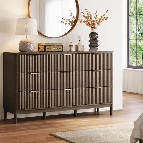 LINSY HOME Fluted Dresser for Bedroom with 9 Drawers, 58" Wide Mid Century Modern Dresser, Tall Boho Chest of Drawers, Large Wood Accent Storage Cabinet for Living Room, Curved Profile Design, Walnut - Image 3