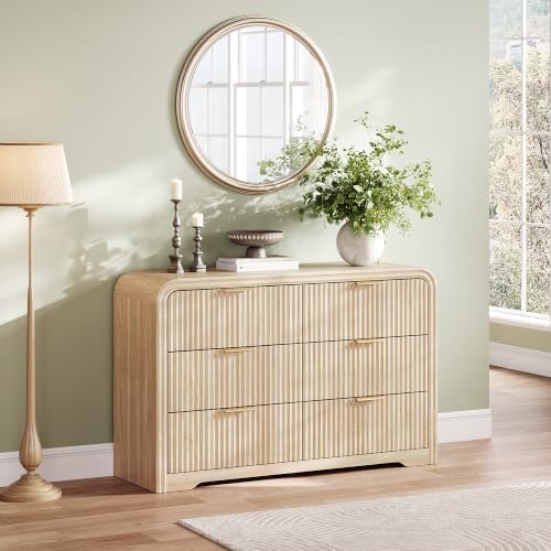 LINSY HOME 6-Drawer Fluted Dresser for Bedroom, Light Oak, Mid Century by LINSYHOME