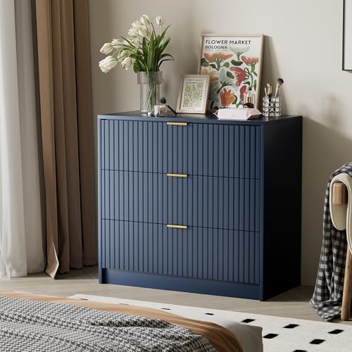 Furniway Navy Blue Dresser for Bedroom, Modern Dresser with 3 Drawers and Smooth Slides, Wide Chest of Drawers with Golden Handles for Bedroom, Living Room, Closet, 15.7" D x 31.5" W x 29.6" H - Image 6