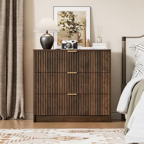 Furniway Walnut Dresser for Bedroom, Modern Dresser with 3 Drawers and Smooth Slides, Wide Chest of Drawers with Golden Handles for Bedroom, Living Room, Closet, 15.7" D x 31.5" W x 29.6" H - Image 5