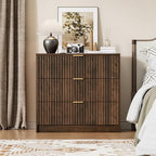 Furniway Walnut Dresser for Bedroom, Modern Dresser with 3 Drawers and Smooth Slides, Wide Chest of Drawers with Golden Handles for Bedroom, Living Room, Closet, 15.7" D x 31.5" W x 29.6" H - Image 5