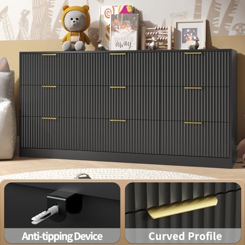 Black Dresser with 9 Drawer 63" Wide Fluted Dresser for Bedroom丨Long Dresser Modern Chest of Drawers with Gold Handle, Wood TV Stand Storage Organizer for Bedroom, Living Room, Black - Image 5