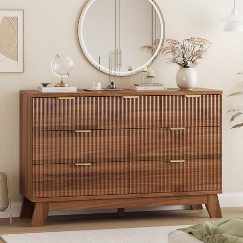 Xixini Fluted Dresser for Bedroom with 7 Drawers, 48" Wide Modern Chest of Drawers with Metal Handle, Wood Dresser TV Stand, Wooden Closet Clothes Storage Organizer for Living Room, Hallway, Walnut by Xixini