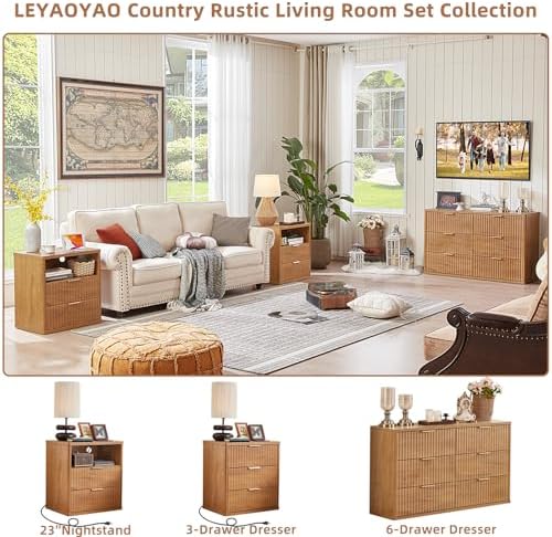 LEYAOYAO Fluted Nightstand Set of 2 with Charging Station,23" Modern Nightstand with Woodgrain Top, 2 Drawer End Table w/Storage, BedsideTables for Bedroom, Living Room, Curved Profile,Brown - Image 4