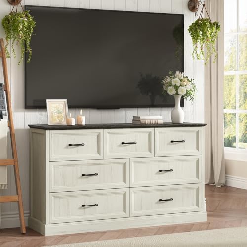 Farmhouse 7 Drawer Dresser for Bedroom, 55" White Dresser with TV Stand - Image 6