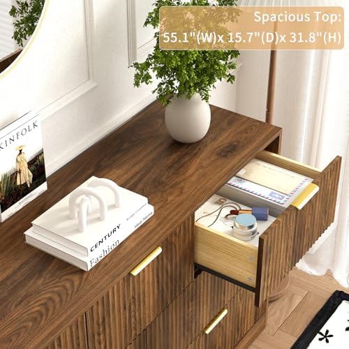 7 Drawer Fluted Dresser with Deep Drawers for Bedroom, Walnut丨55 Wide Mid Century Dresser, Modern Chest of Drawers, Wood TV Stand Storage Organizer for Closet, Living Room, Hallway - Image 5