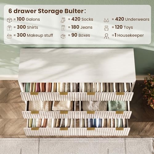 47" Wide Fluted 6 Drawers Dresser for Bedroom,Curved Edge,White - Image 5