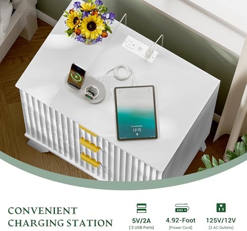 Xixini Fluted Nightstand with Charging Station, Tall Bedside Table, White - Image 4