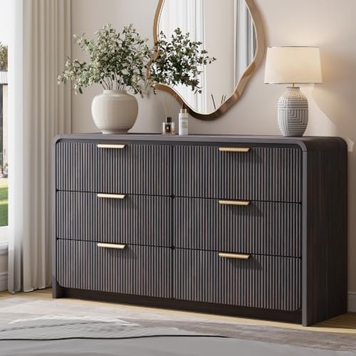 47" Fluted 6 Drawer Dresser for Bedroom, Living Room, Entryway Black Walnut by HOTALLOY