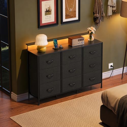 WLIVE Black Dresser TV Stand 9 Drawers, Fabric Chest of Drawers LED Lights - Image 2