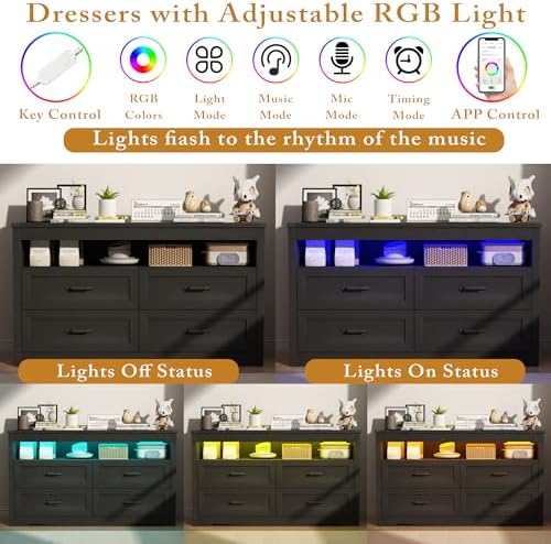 Wodeer Black Dresser for Bedroom, Wood 4 Drawer Dresser with LED Light, Dressers & Chests of Drawers with Metal Handles, Storage and Organization for Bedroom, Hallway, Entryway - Image 5