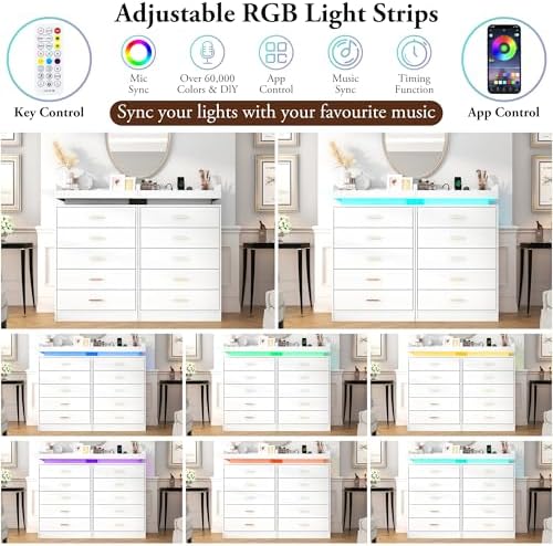 Hlivelood 5 Drawer Dresser with LED Light and Charging Station, Modern Chest of Drawers for Closet, Wide Drawer Organizer Cabinet, Living Room, Entryway, Hallway, White - Image 6