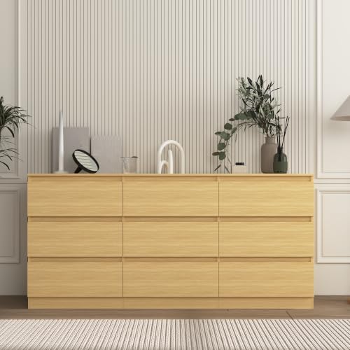 Vibe & Dine 9 Drawer Dresser, 59.1" Long Dresser for Bedroom Free Handle, Modern Wooden Chest of Drawers with Wide Storage for Living Room, Natural Wood - Image 2