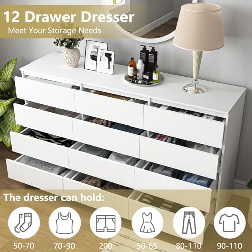 VERYKE White 12 Drawer Dresser for Bedroom,Chest of Drawers with No-Handle Design for Closet,Modern Wood Dresser Bedroom Storage Furniture - Image 5