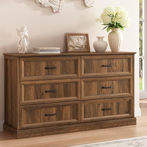 Farmhouse 6 Drawer Dresser for Bedroom, 55" Walnut Dresser with TV Stand by CARPETNAL