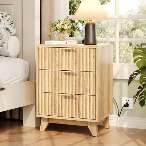 VINGLI Fluted Nightstand with Charging Station, 3 Drawer Nightstand Oak Modern Night Stand for Bedroom, Fluted Bedside Table/End Table/Side Table, 17.72" W*13.78" D*23.62" H, 1 pc - Image 7