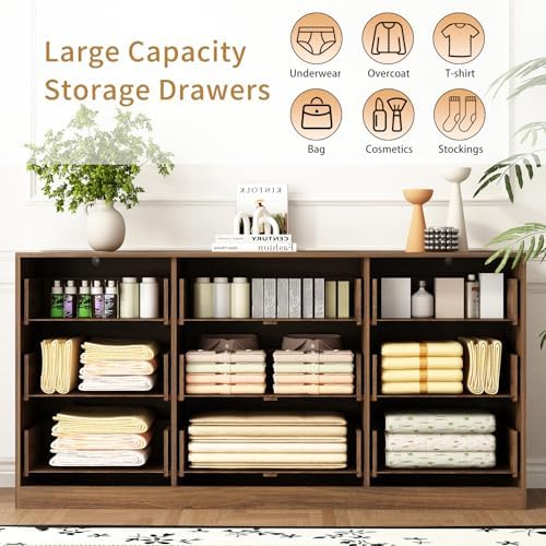 9 Drawer Fluted Dresser for Bedroom with Deep Drawers, Walnut丨63 Wide Wood Dresser, Large Chest of Drawers, Modern Long TV Stand, Storage Cabinet Side Table for Living Room, Hallway - Image 4