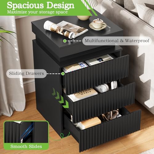 Fluted LED Night Stand with Charging Station, Black - Image 5