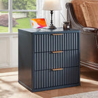 LEYAOYAO Fluted Nightstand Set of 2 with Charging Station,23" Modern Nightstand with Woodgrain Top, 3 Drawer End Table w/Storage, BedsideTables for Bedroom, Living Room, Curved Profile,Blue - Image 2