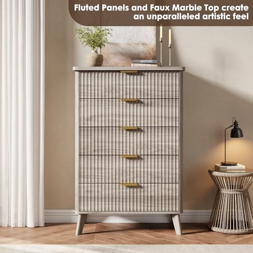 GarveeHome Fluted Dresser for Bedroom with 5 Deep Drawers, Grey - Image 4