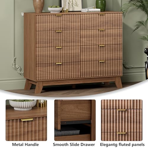 Wodeer 8 Drawer Fluted Dresser for Bedroom, Mid Century Modern Wooden Dresser with 8 Drawers, Dressers & Chests of Drawers with Metal Handle, TV Stand & Storage Organizer for Entryway, Hallway, Walnut - Image 5
