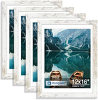 Hongkee 12x16 Picture Frame Set of 4, 12x16 Distressed White Wood,Mat 11x14 by Hongkee