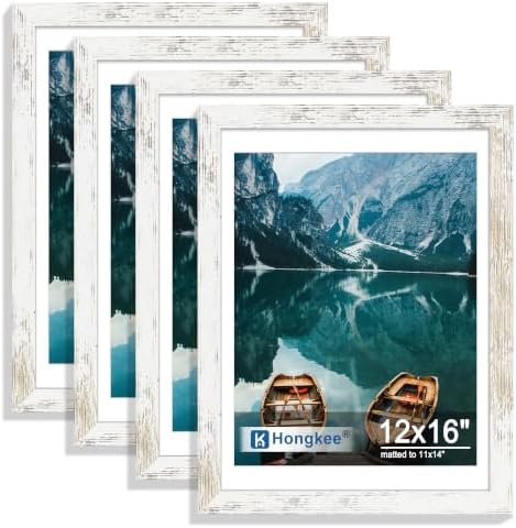 Hongkee 12x16 Picture Frame Set of 4, 12x16 Distressed White Wood,Mat 11x14 by Hongkee
