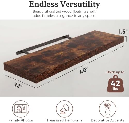 40" Rustic Brown Floating Shelves 12inch Deep Wall Shelf, Set of 2 - Image 2