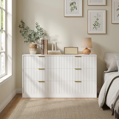 White 6 Drawer Dresser for Bedroom, 55" Wide Fluted Chest of Drawers with Gold Metal Handles, Wood Dresser Storage Organizer Mid Century TV Stand for Living Room Closet Hallway by RESOM