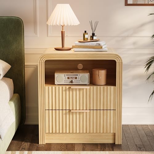 Decofy Fluted 2-Drawer Nightstand with Charging Station, Oak - Image 5