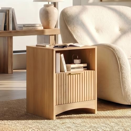 Marsail Wooden Nightstands Set of 2 with Drawers, Modern Night Stand with Charging Station and Storage, Fluted Bedside Table Boho End Table for Bedroom, Natural Oak - Image 3